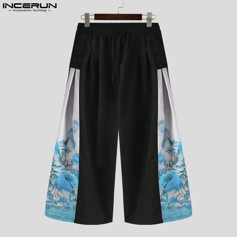 INCERUN 2023 Chinese Style New Men's Pants Retro Stitching Wash Painting Pattern Trousers Casual Street Wide Leg Pantalons S-5XL
