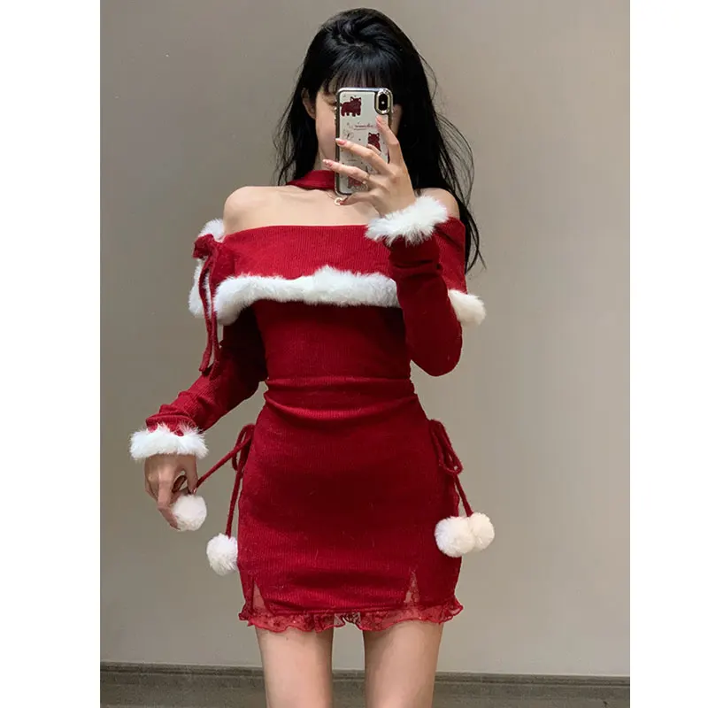 

Vintage Party Halter Dresses Women Korea Chic Cute Princess Slash Neck Long Sleeve Retro Christmas New Year Sleath Mini Dress