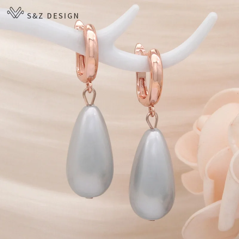 S&Z DESIGN New Fashion 585 Rose Gold Color Long Water Drop Simulated-pearl Dangle Earrings For Women Wedding Party Jewelry