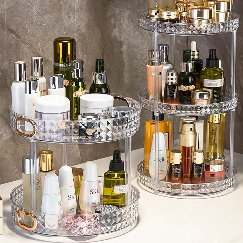 Makeup Organizer 360 Rotating Dresser Storage Rack Bathroom Organizer Perfume Kitchen Condiment Storage Rack Tray Transparent 3