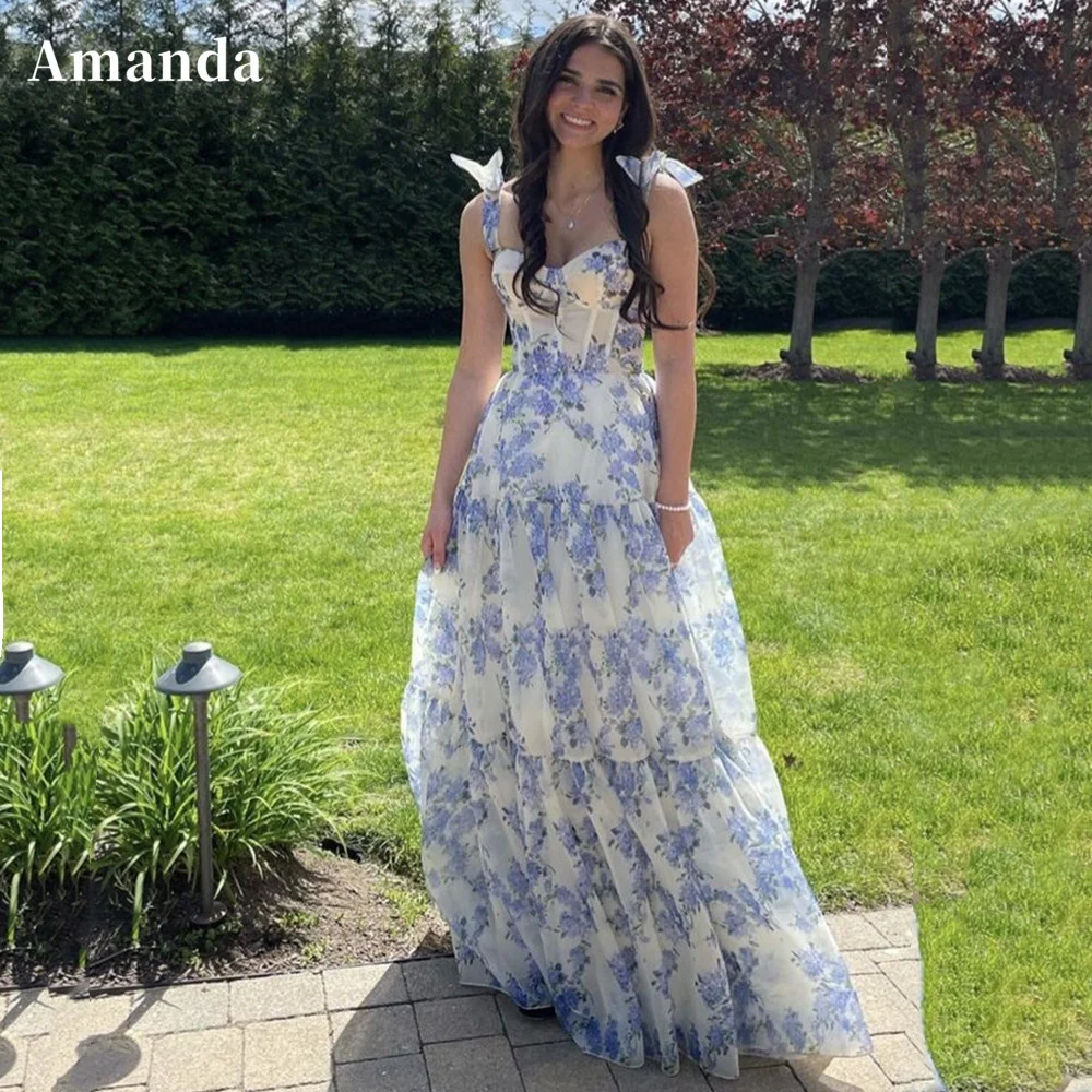 

Amanda Flower Pattern Prom Dress 2023 Light Blue فستان سهرة Spaghetti Strap Formal Occasion Dresses Crimping Party Dress