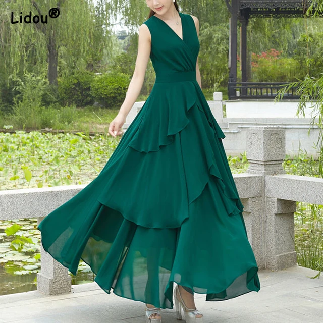 Summer Woman Girl Fashion Chiffon Ruffles Girdle Dresses V Neck Dresses  With Sashes Lady Beach Long Dresses Women's Slim Dress - Dresses -  AliExpress