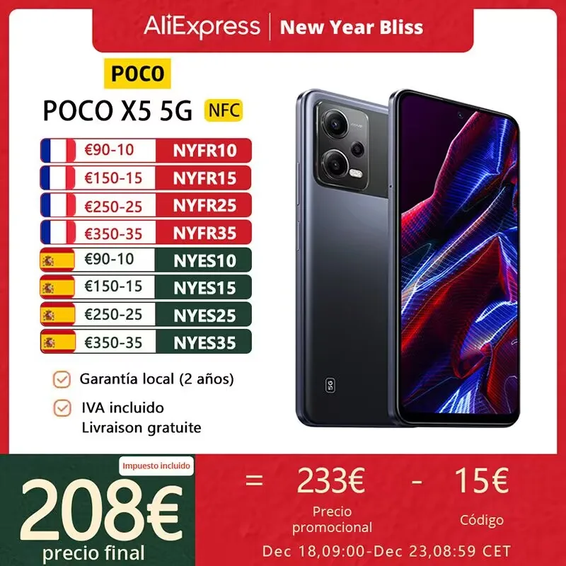 POCO X5 5G Global Smartphone, NFC, 128GB + 256GB, 120Hz, pantalla de visualización de puntos AMOLED de 6.67 pulgadas, cámara 3 en 1 de aluminio de 48MP, carga rápida de 33W, batería de 5000mAh