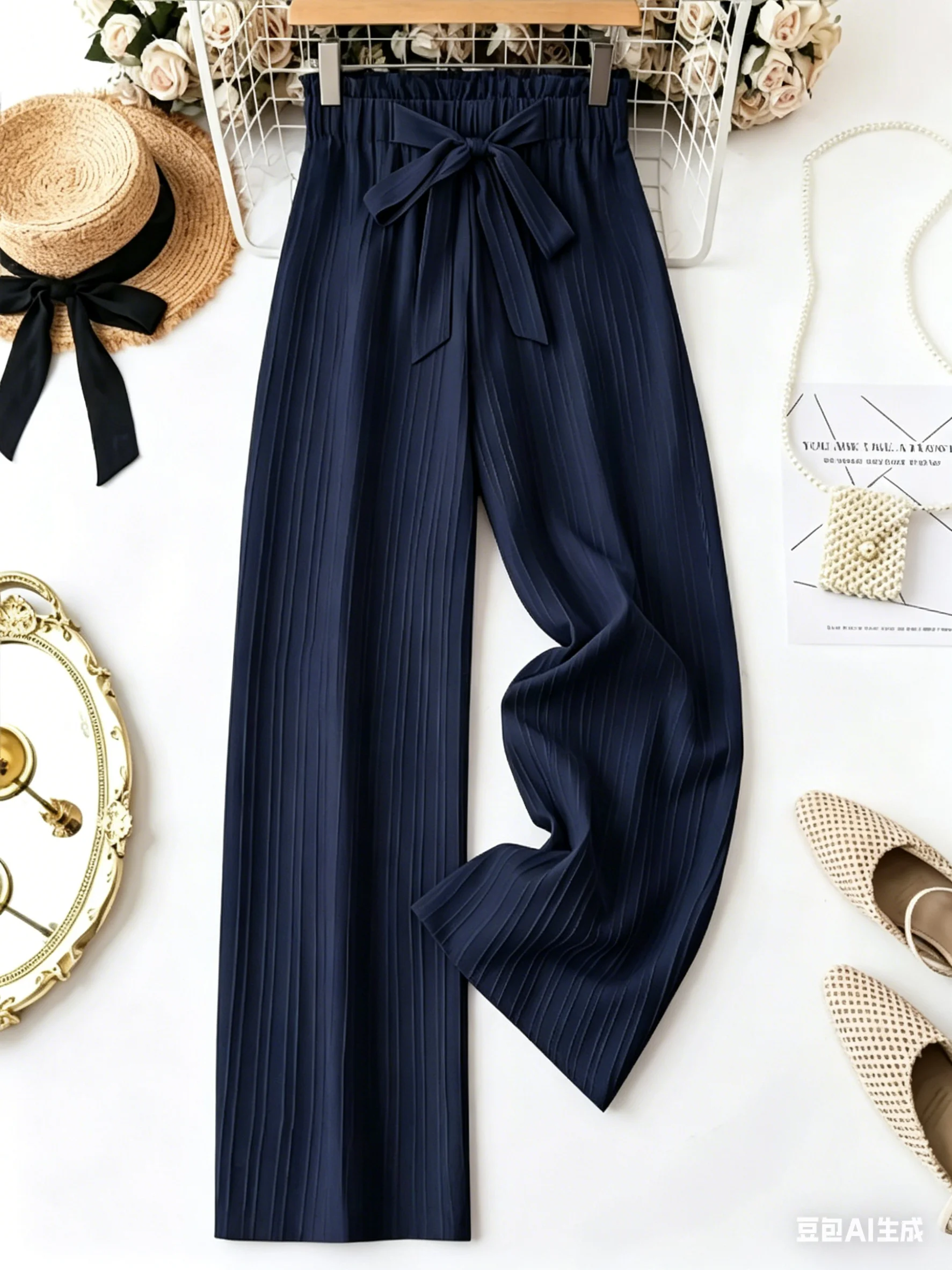 Navy Blue Women's High Waist Wide Leg Bow Tie Trousers - Textured Flowy Summer Pants