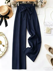 Navy Blue Women's High Waist Wide Leg Bow Tie Trousers - Textured Flowy Summer Pants - S (DEEP BLUE)