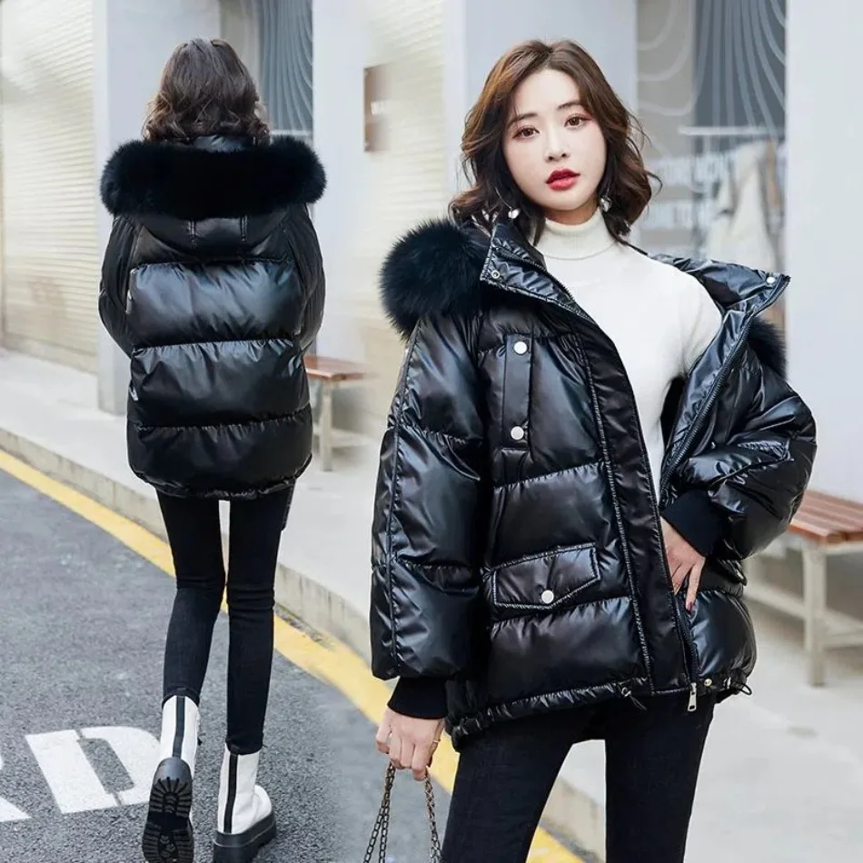 White Duck Down Hooded Jacket with Fur Collar for Women