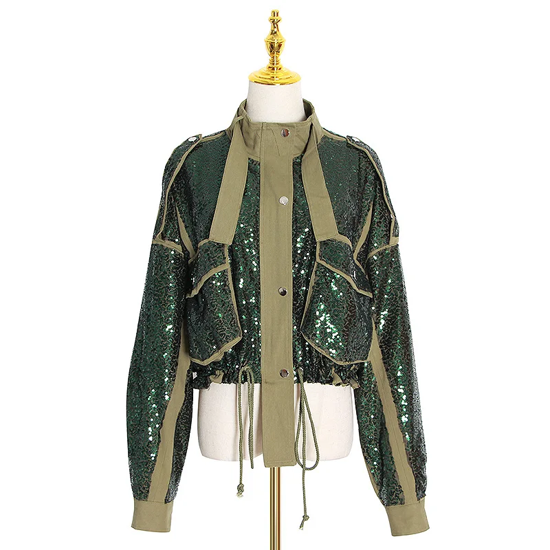 

Womens Sequins Green Glitter Bling Pockets Coat Short Jackets Punk Collar Outwear Laides 2022 New