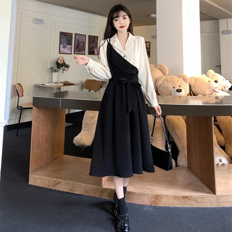 

French V-neck Elegant Dresses Plus Sizes Black and White Color Clash Splice Long Dresses for Women Office Lady Autumn New Dress