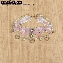 Handmade Double Pearl Bow Choker Necklace with Gemstone (Pink 2)