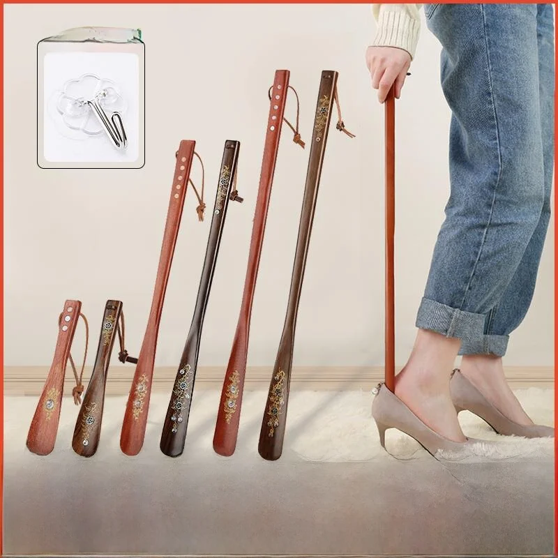 긴 손잡이 나무 신발주걱 가정용 실용적인 레드우드 원목 신발 서랍 미끄럼 방지 사용하기 쉬운 신발 착용 도구