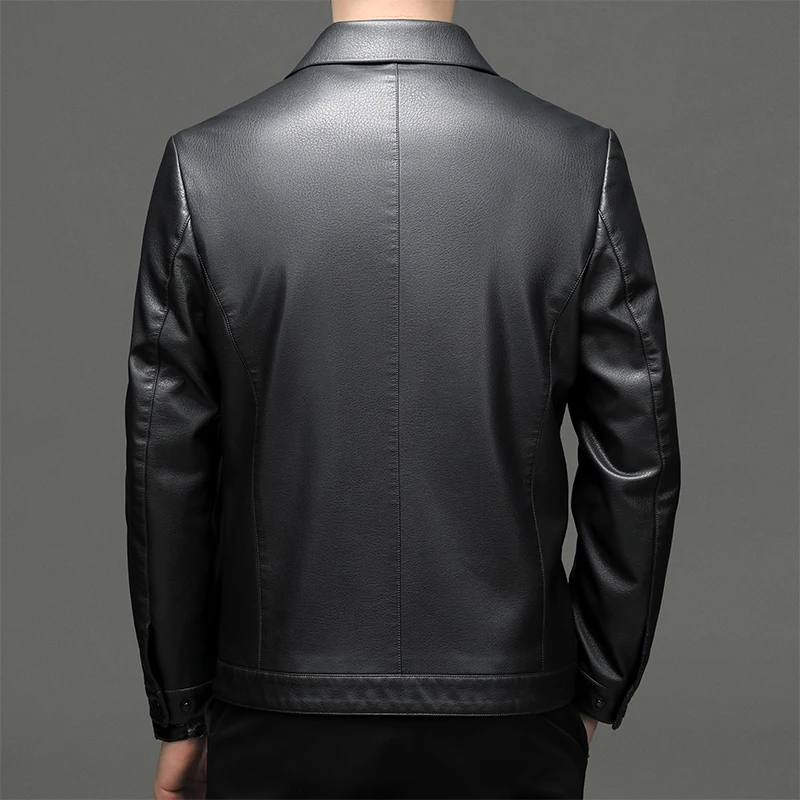 YN-2335 Spring and Autumn Men's Genuine Leather Polo Mock Neck Jacket Fashion Slim Sheepskin Coat Black Grey Husband Gift Youth images - 6