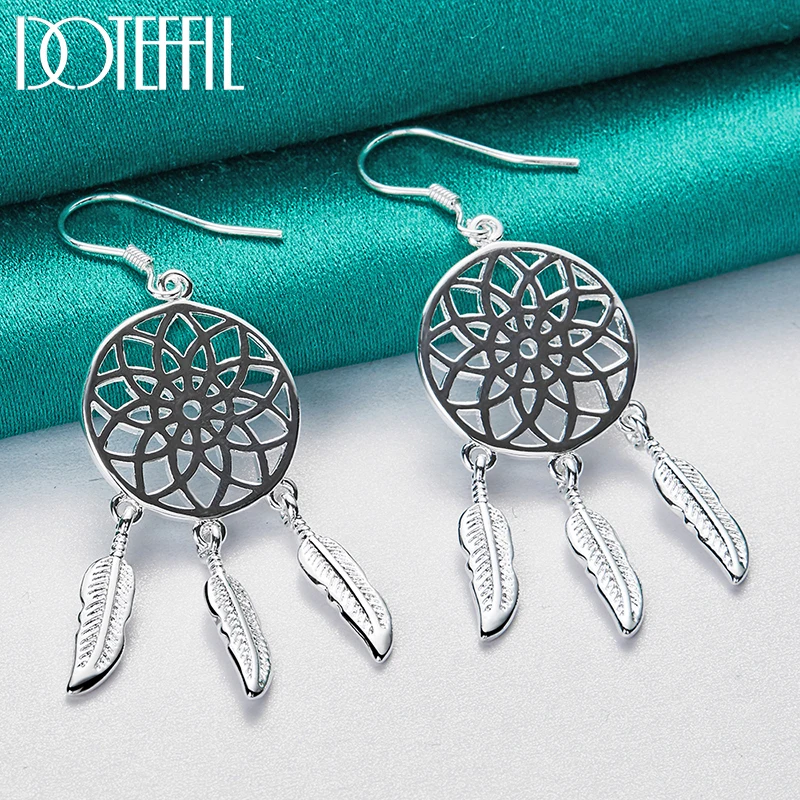 DOTEFFIL 925 Sterling Silver Fine Dream Catcher Feathers Earrings for Woman Fashion Designer Party Wedding Jewelry Gifts