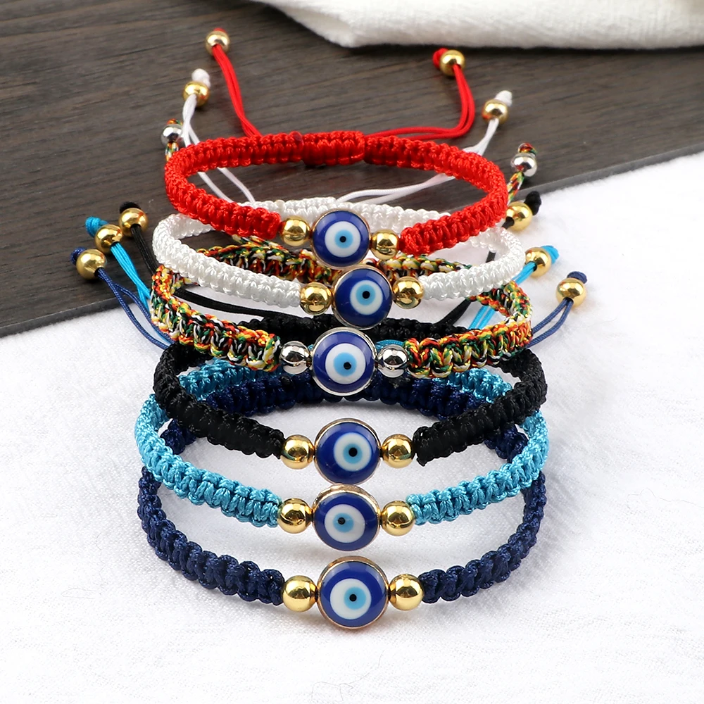 Fashionable Evil Eye Braided Bracelet/ Wristband with gold beads.