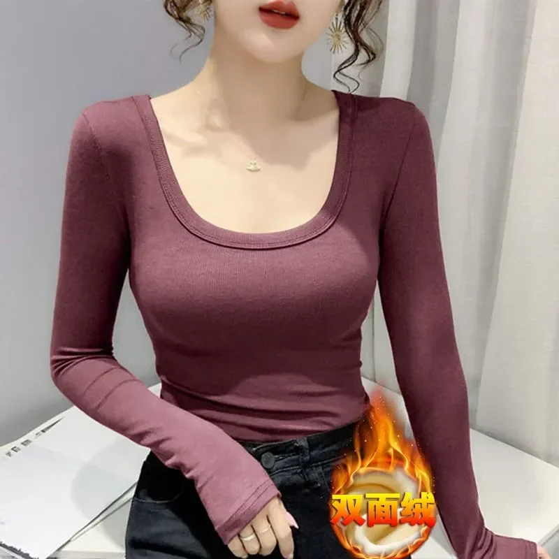 

Winter Body Base Sleeve Low Color U-neck Cotton Thermal T-shirt Slim Long Solid Neck Top With Women's Underwear Thread Shirt