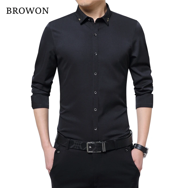 Dress Shirts Men Casual Shirts BROWON Brand Silky Formal Shirt Men Classic Business Long Sleeve Solid Color Embroidery Collar Slim Fit Shirt Brand-clothing