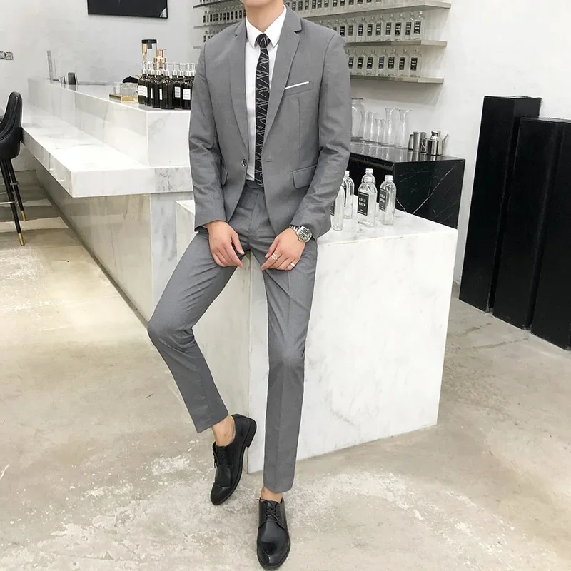 Jacket + Pants Fashion Boutique Solid Color Casual Business Mens Suit Groom Wedding Men Formal Social Suit Blazer 2 Pcs Set