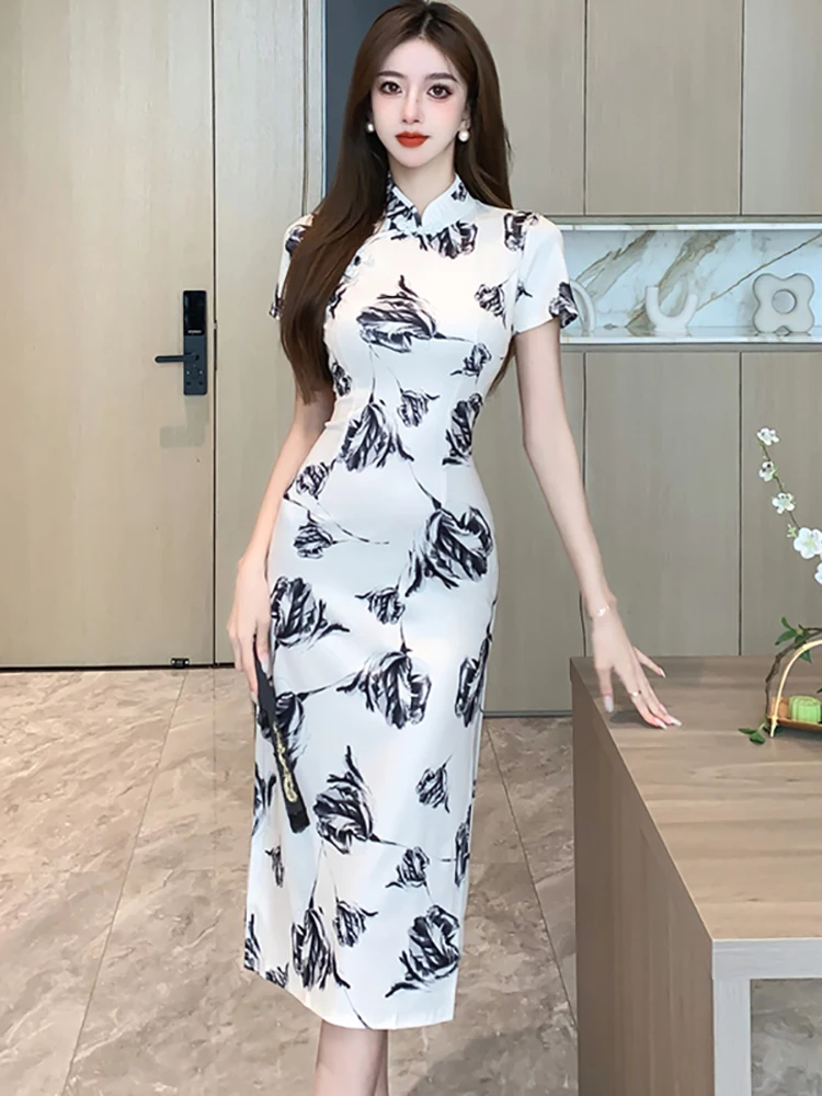 

Женское винтажное длинное платье, белое Цветочное платье с воротником-стойкой и коротким рукавом, элегантное облегающее платье в Корейском стиле с разрезом для выпускного вечера, 2024