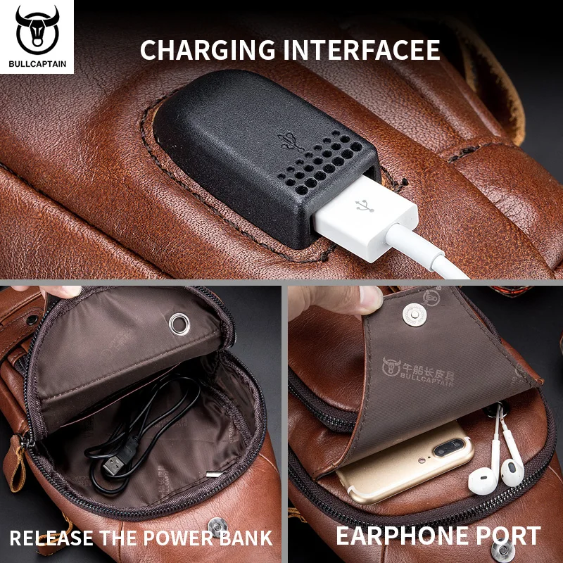 BULLCAPTAIN Leather Men's Chest Pocket One Crossbody Bags With USB Rechargeable Chest Bag Can Be Used For 7.9 Inch IPai Pockets