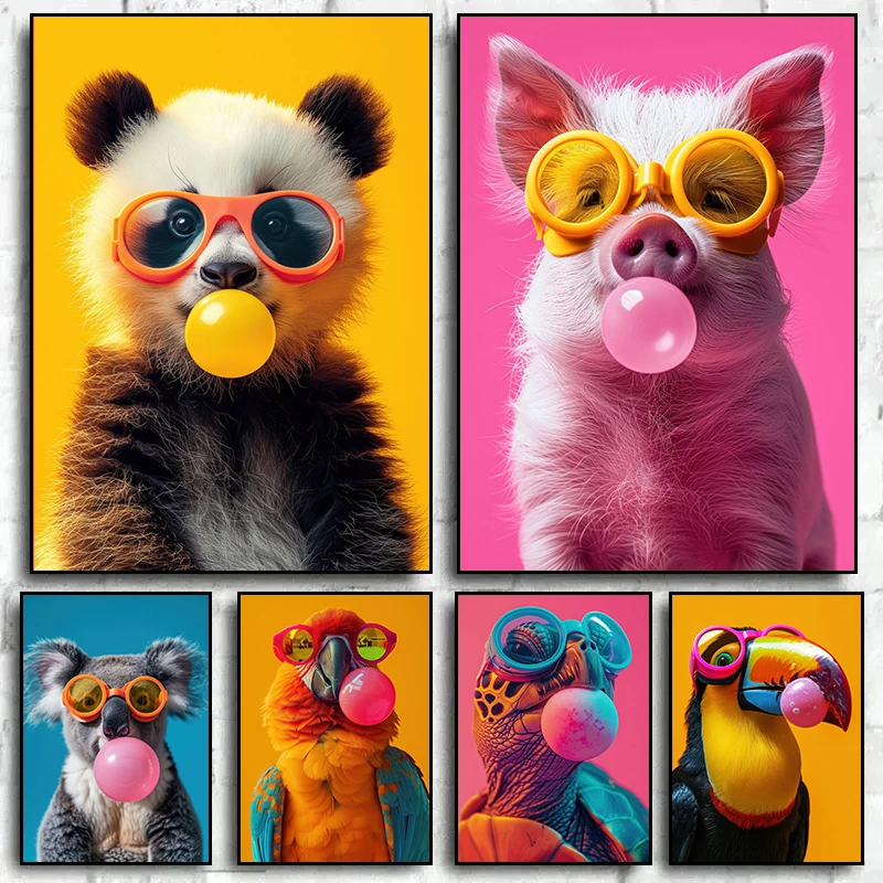 Vibrant Pink Bubblegum Animal Canvas Print - Cute Cartoon Wall Art