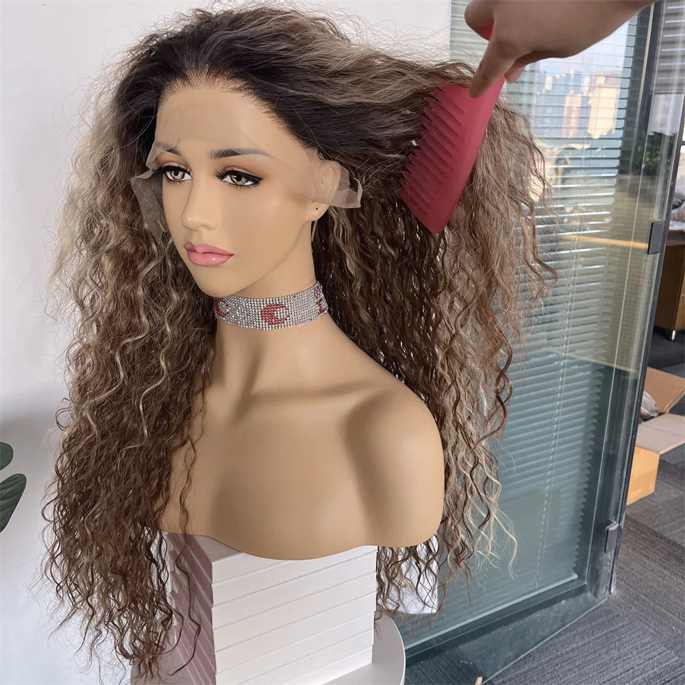 Long Synthetic 13x3 Lace Front Wig Brown Blonde Highlighted Kinky Curly Wig Transparent Lace Front Wig Women Cosplay Wig