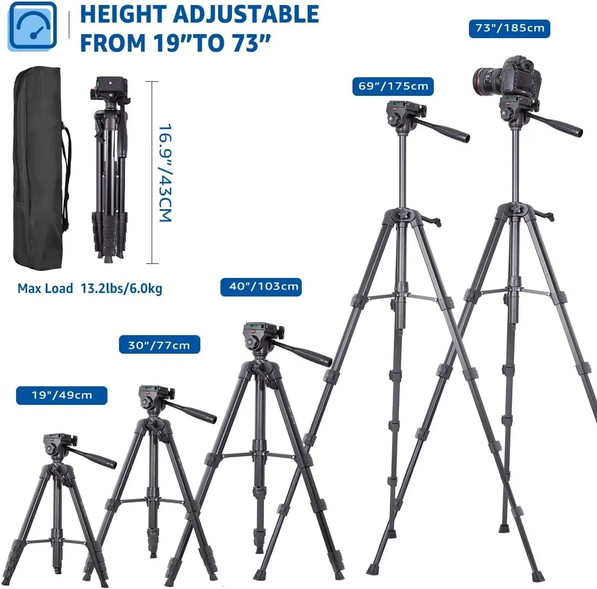 Camera Tripod, 74" DSLR Camera Tripod with 1 QR Plates for Sony/Nikon/Canon, Lightweight Video Tripod Stand - 2