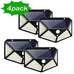 Set of Solar-Powered Outdoor LED Wall Lamps with PIR Motion Sensor for Garden or Courtyard Illumination (100LED 4Pcs- Black)