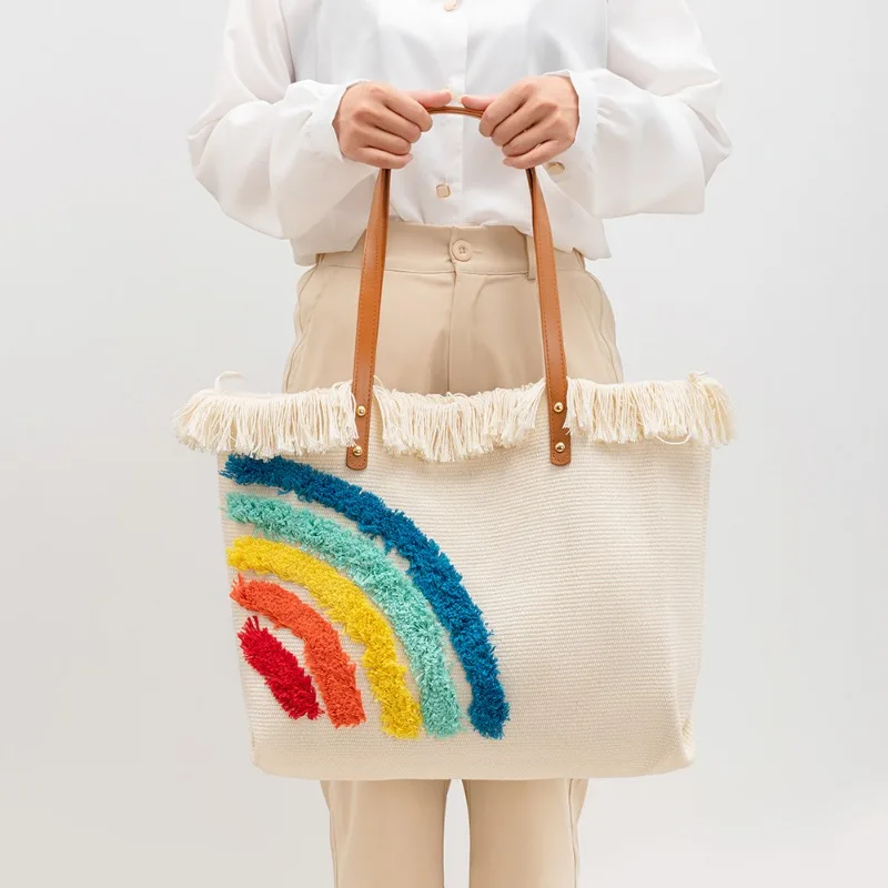 Summer Large Capacity Canvas Tote Bag Fashion Rainbow Pattern Ladies Handbag OL Daily Commuter Tassel Shoulder Bag Sac A Main