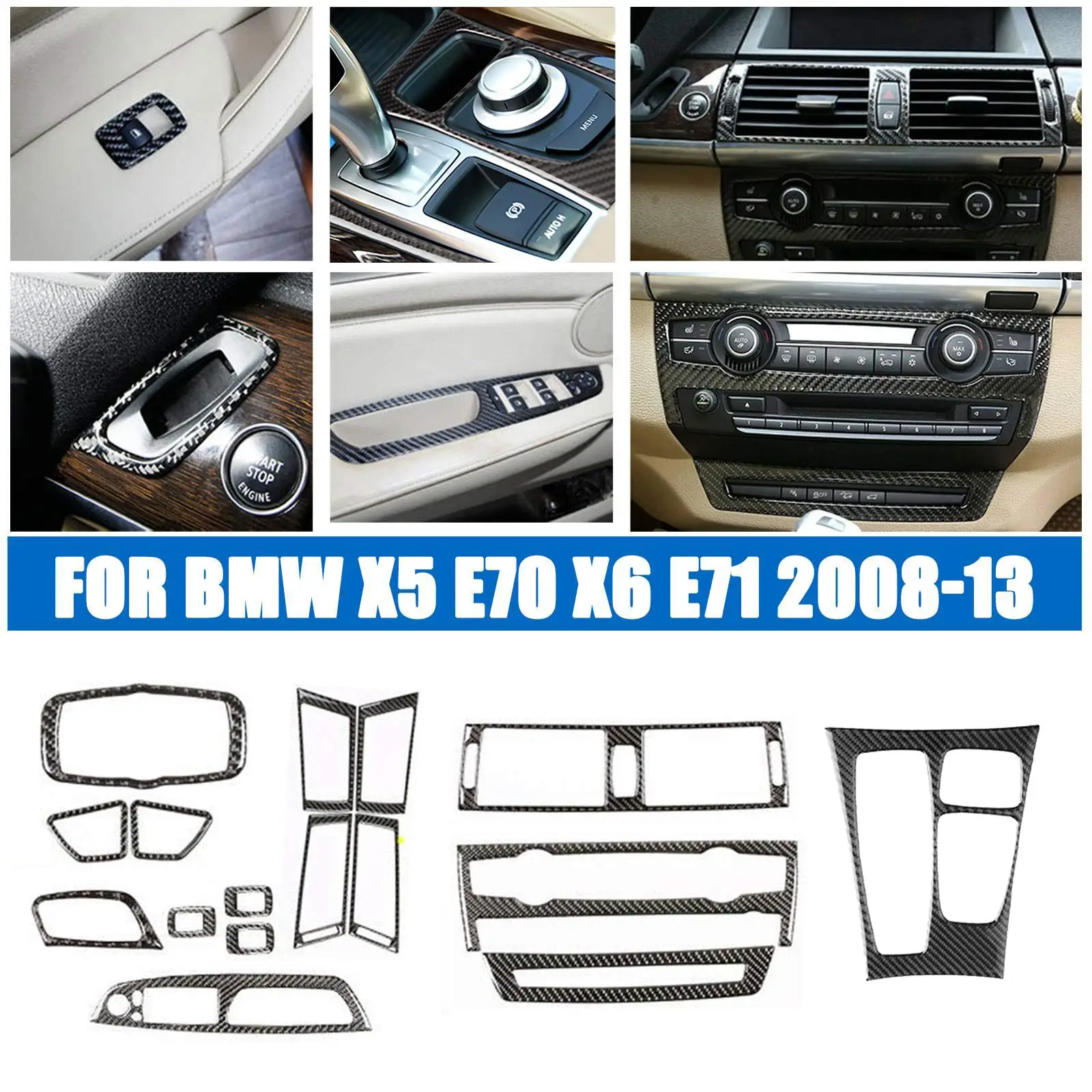 

16Pcs Carbon Fiber Full Interior Trim Cover Trim For BMW X5 E70 X6 E71 2008-2013