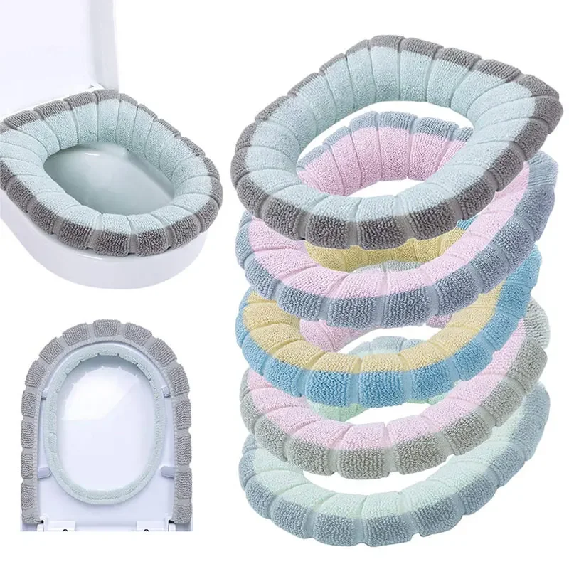 

Winter Warm Toilet Seat Cover Washable Bathroom Toilet Pad Cushion With Handle Thicker Soft Mat Knitting Warmer Closestool Mat