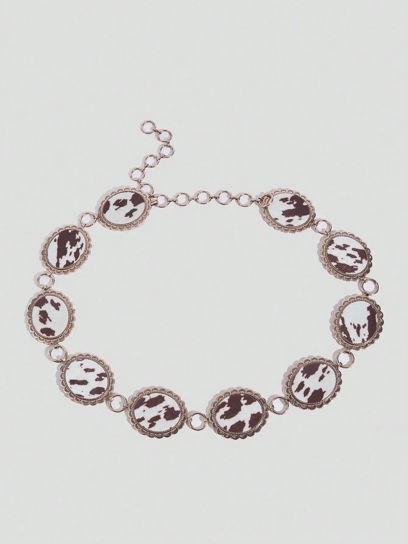Trendy Oval Flower Wave Cow Pattern Zinc Alloy round Vintage High-End Feel Summer Ladies Waist Chain Youth Girls Party Event