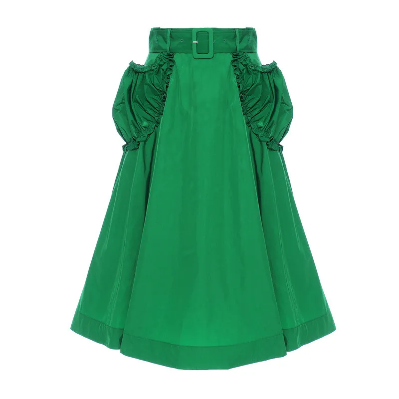 

Elgant-Women's Green Midi Skirt with Ruffled Pocket High Waist A-line Office Lady Black Harajuku Korean Fashion Skirts