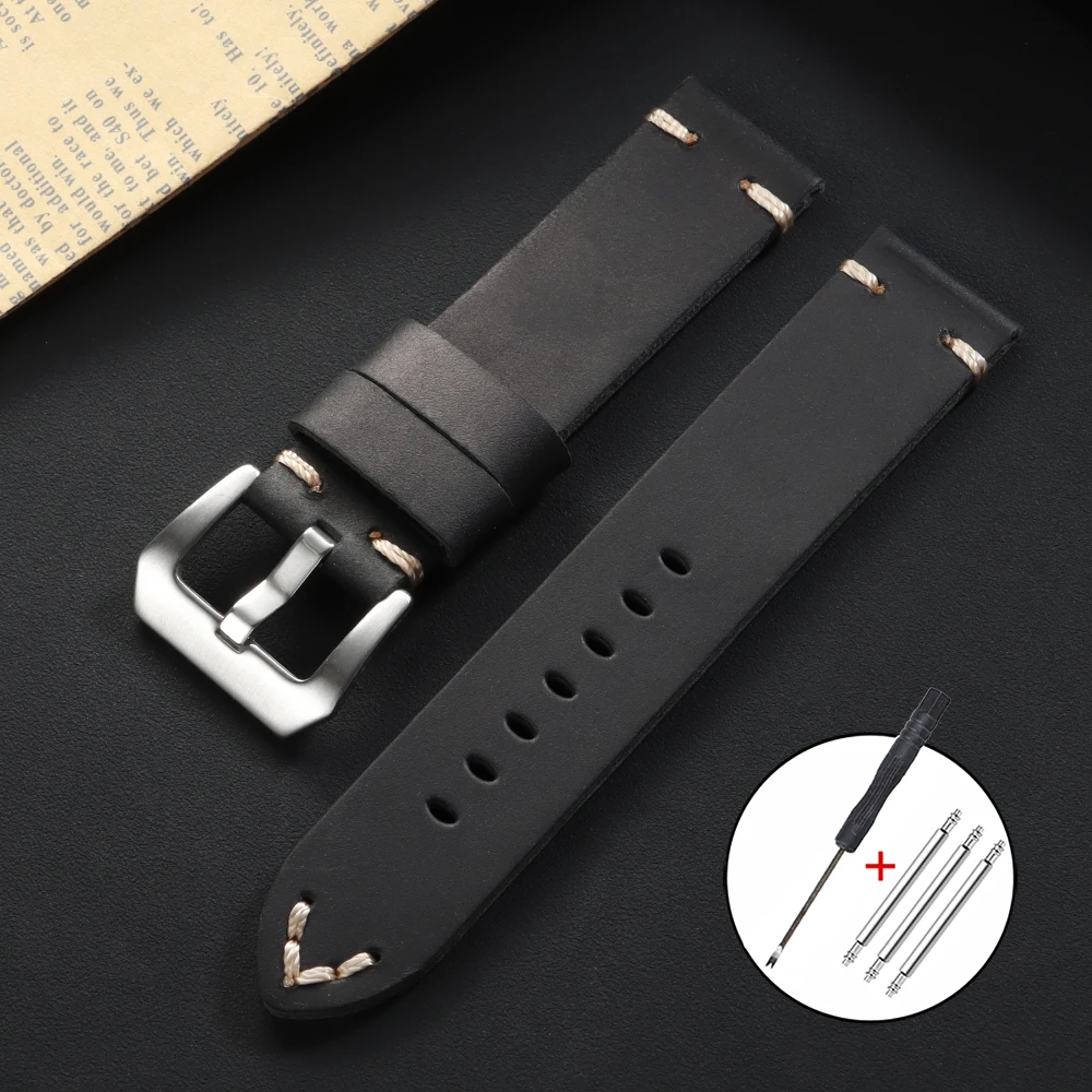 Vintage Genuine Leather Cowhide Watch Band - Soft Stitching Crazy Horse Calfskin Bracelet