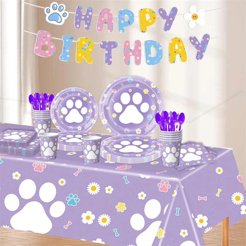 Party Dog Pet Dog Birthday Theme Claw Printed Tableware Paper Plate Paper Cup Flag Pulling Spiral Decoration Decoration Supplies