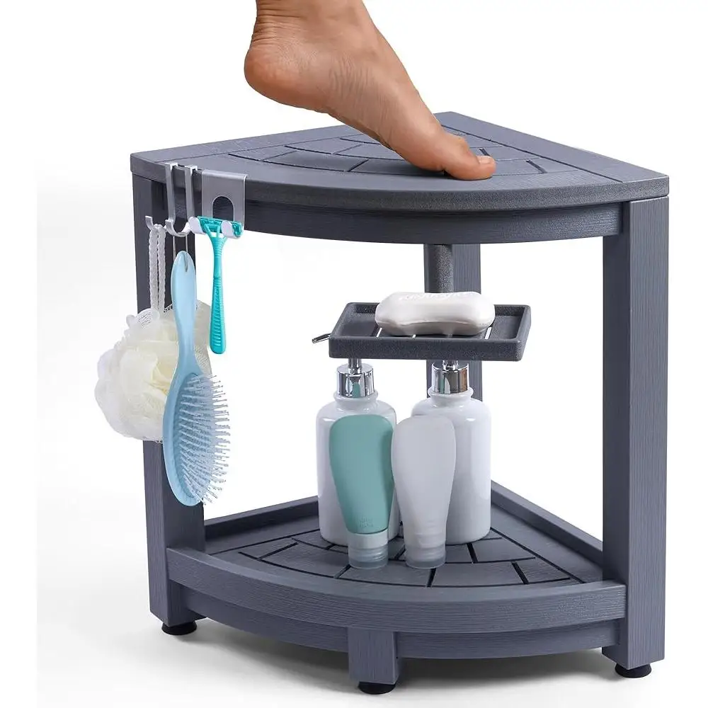 Corner Shower Stool Waterproof HDPS Shower Bench with 360 Soap Dish Razor Holder Anti-slip Feet Lower Storage Shelf Shower 2