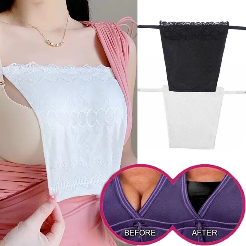 Camisole Bra Women Summer Clip-On Floral Black White Lace Mock Insert Cleavage Cover Overlay Panel Vest Wrapped Chest Bandeau