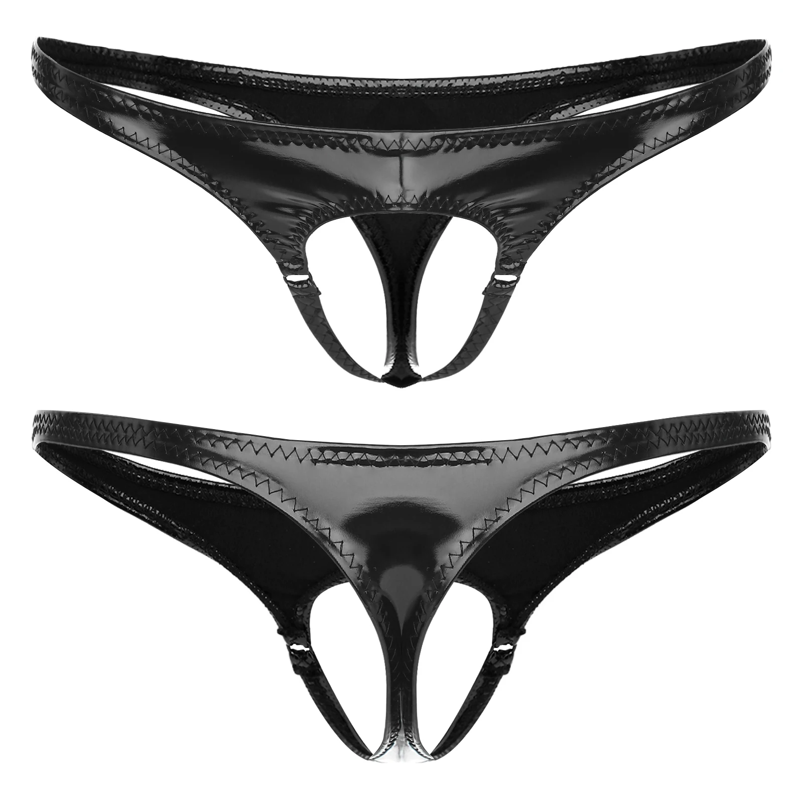 

Men Black Hollow Out Front Thong Briefs Sexy Wet Look Patent Leather G-String Thong Elastic Waistband T-back Underpant Underwear