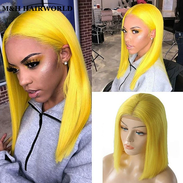 Lemon Yellow Color Short Straight Bob Wig Synthetic Hair Lace Front Wigs For Women Cosplay Middle Part Glueless Lace Frontal Wigs