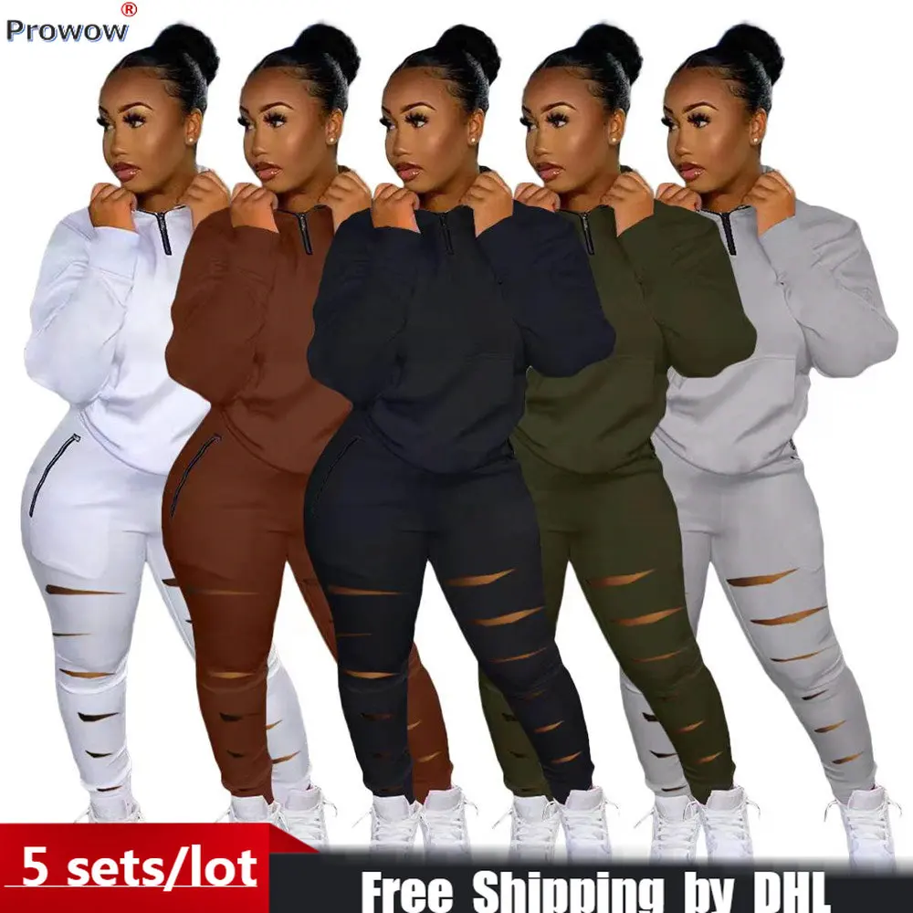 

2023 Fall Ripped Women Tracksuit Casual Pocket 2 Piece Set Lady Matching Outfit Femme Sport Suit Sweatshirt Pants Wholesale 8593