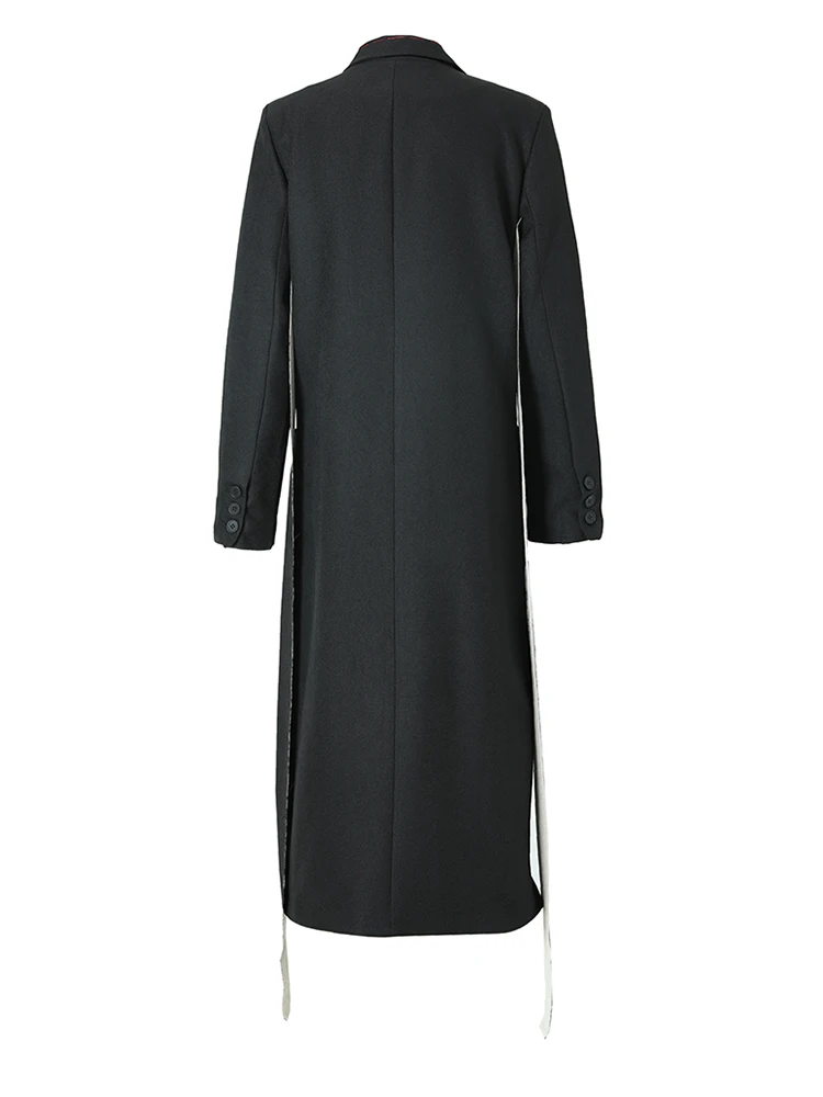 [EAM] Women Black Topstitched Long Big Size Trench New Lapel Long Sleeve Loose Windbreaker Fashion Spring Autumn 2024 1W51909
