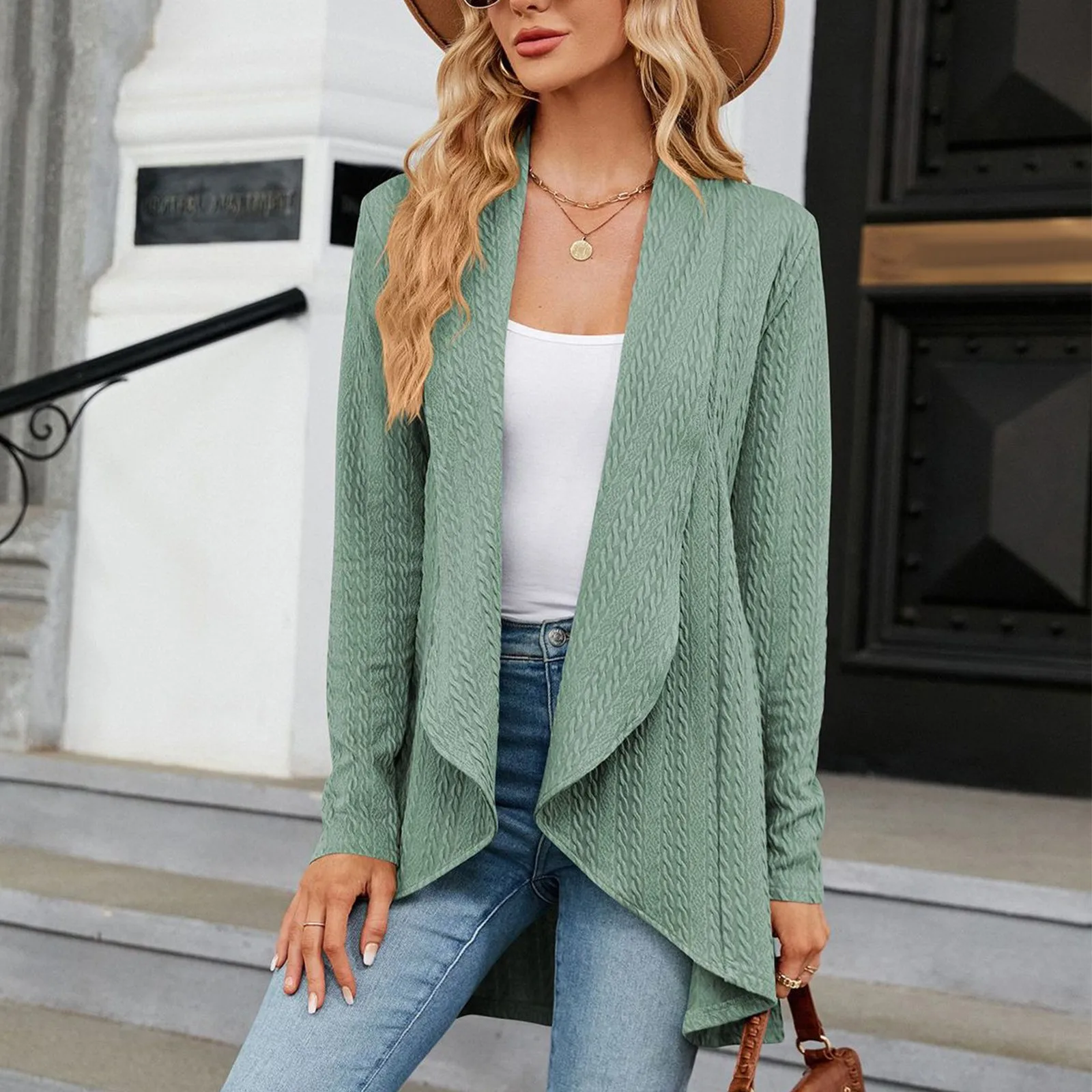 

Women'S Draped Front Open Cardigan Casual Long Sleeve Lightweight Knitted Cardigans Ladies Autumn Winter Solid Sweaters 2023