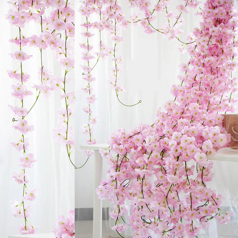 

5Pcs 2.3 Meters Wisteria Artificial Cherry Blossom Flower Rattan Vine Home Wall Hanging Silk Ivy Fake Plant Flower Wreath String