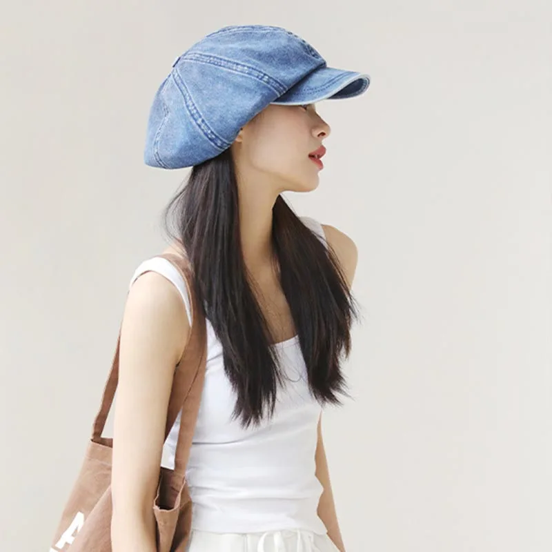 Autumn hats for women Washed denim fabric octagonal hat fashionable and versatile artistic painter hat newsboy cap women hats