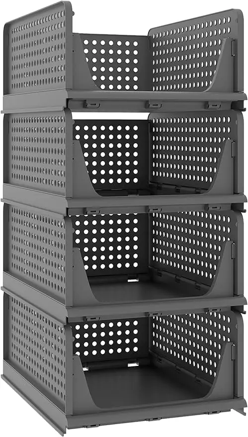 

Pinkpum 4 Pack Folding Closet Organizers Storage Box Stackable Plastic Drawer Basket for Clothing Stackable Storage Bins