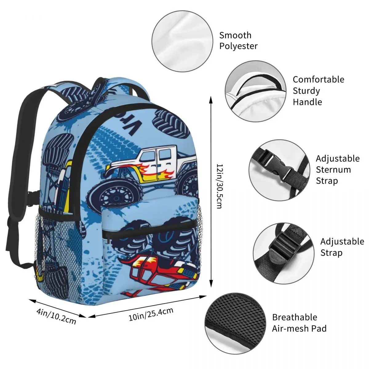 Children Bag Monster Truck Cars Kids Bag Kindergarten Preschool Backpack for Boys Girls 3-4-6 Years Old