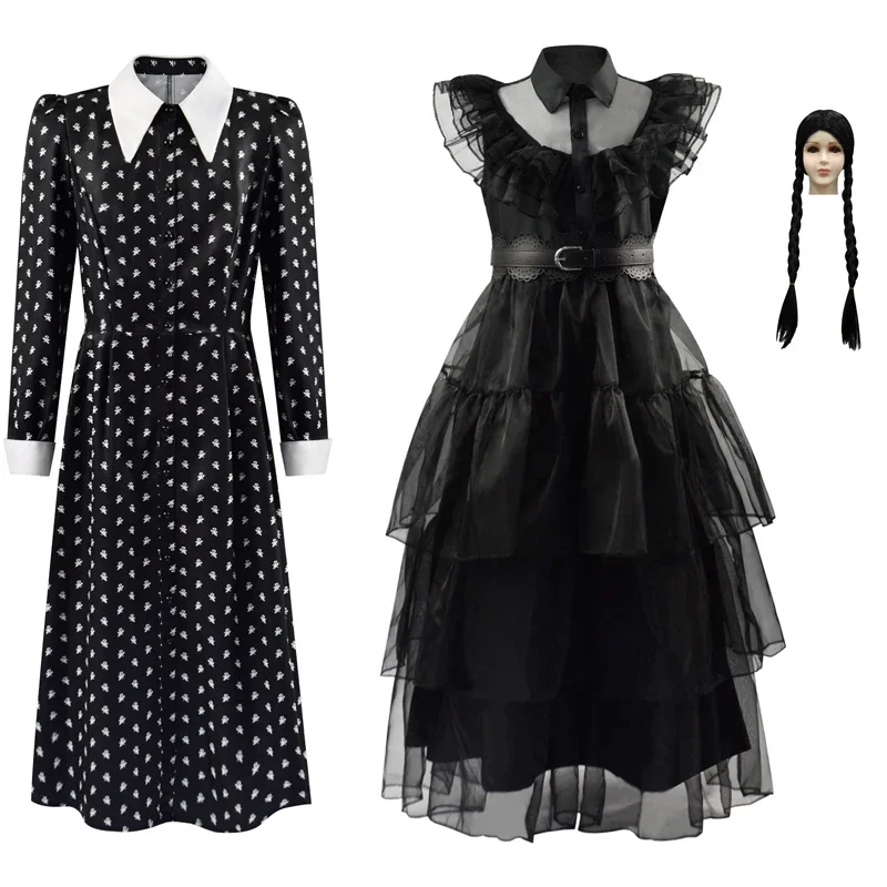 

2023 New CosDaddy Wednesday Addams Family Cosplay Costume Dress Children Kids Girls Black Dress Wig Halloween Costume