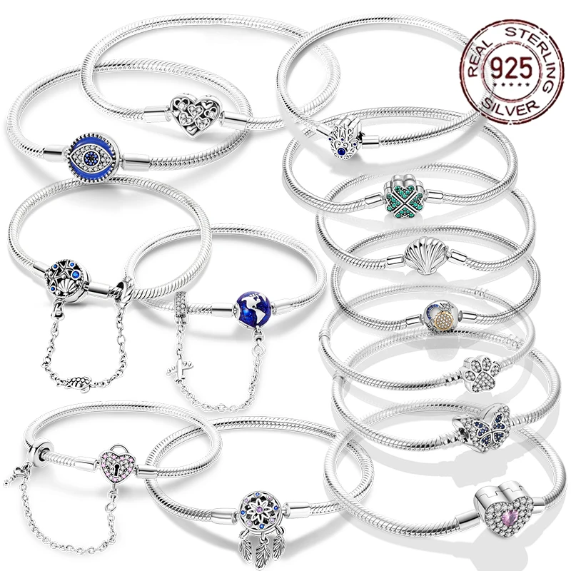 

New 925 Silver Charm Bracelet Heart Shaped Butterfly Snake Bone Basic Chain Snake Chain Sliding Bracelet Women's Jewelry