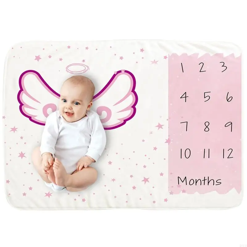 R6FD Baby Month Milestone Blanket Monthly Record Growth Blanket Newborn Soft Flannel Angel Wing Printed Photography 3