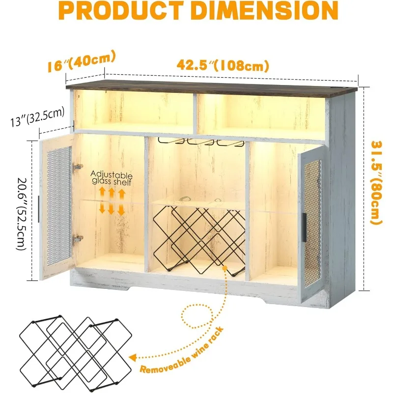 

LVSOMT Bar Cabinet with Wine Rack and Glass Holder, LED Sensor Lights Farmhouse Coffee Bar Cabinet for Liquor and Glasses