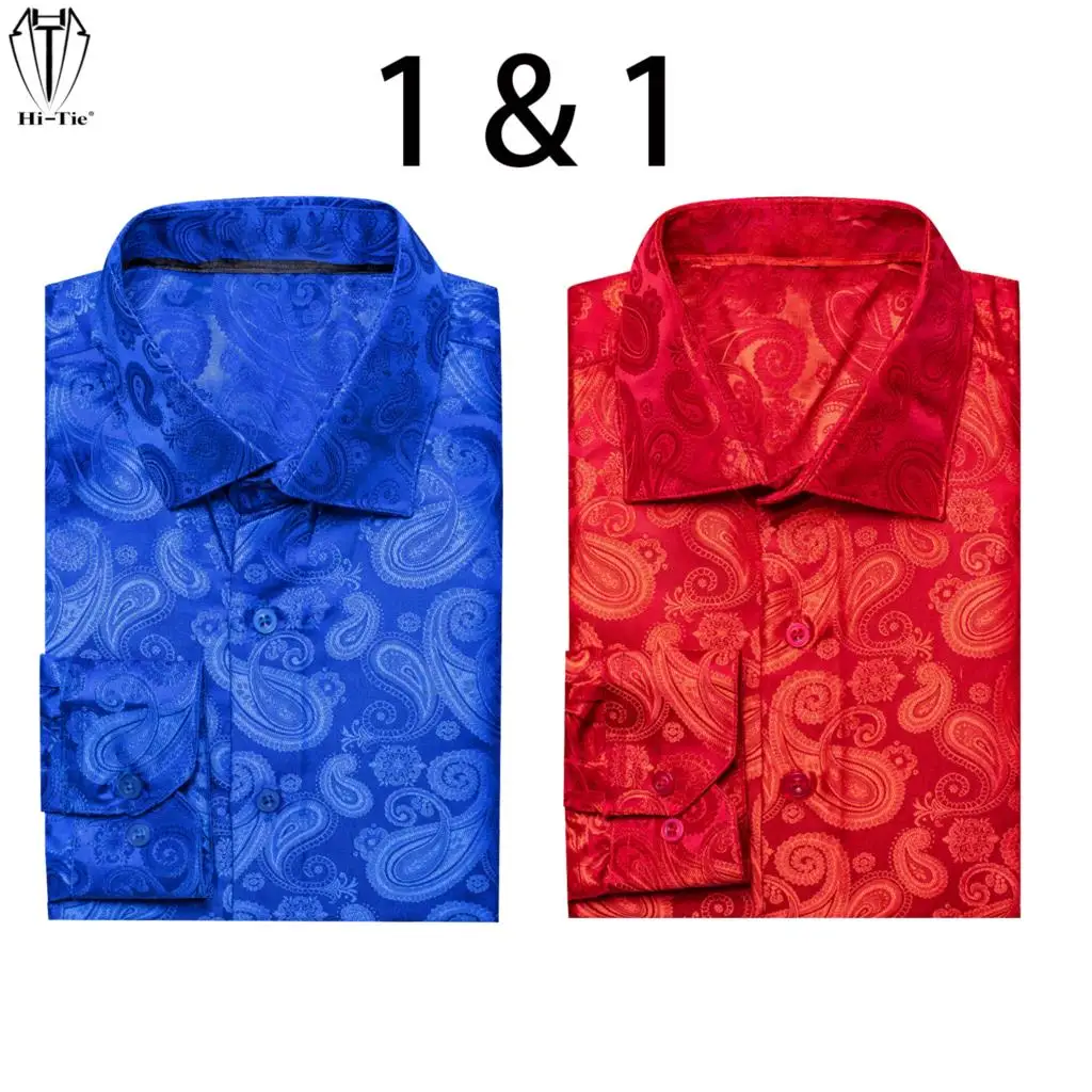 Hi-Tie Luxury Silk Mens Shirts Long Sleeve Shirt Male Blouse Outerwear Jacquard Paisley Royal Blue Vermilion Red Wedding Prom