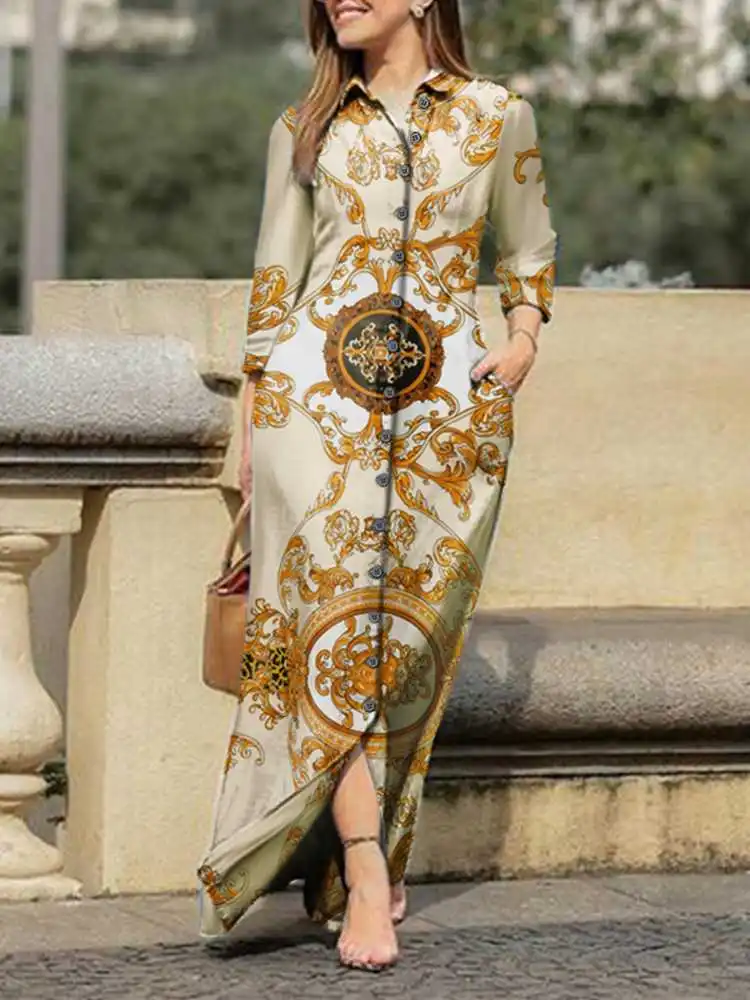

VONDA Bohemian Vintage Women Maxi Dress 2023 Autumn Casual Turn Down Neck Printed Shirt Sundress Loose Femme Party Vestidos